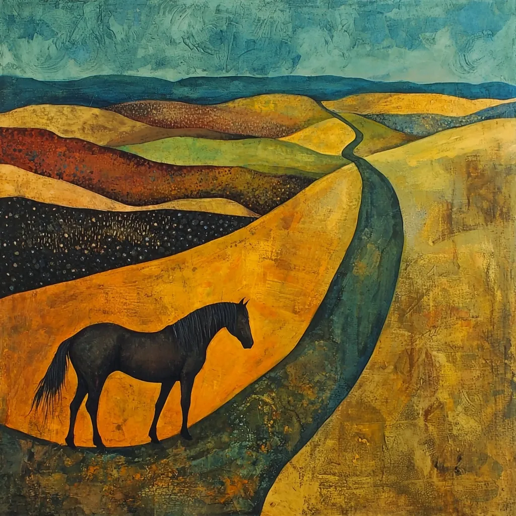 A black horse stands in a field of yellow and gold, gazing across a vast expanse of rolling hills, rendered in shades of green, brown, and blue. A winding path, painted in shades of blue and green, stretches into the distance, suggesting a journey or a destination. The painting evokes a sense of solitude and contemplation, with the lone horse silhouetted against the dramatic landscape. The textured brushstrokes and rich colors contribute to a sense of depth and atmosphere.