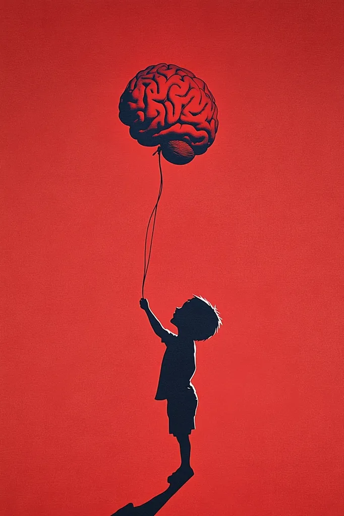 A silhouette of a child holding a string attached to a brain-shaped balloon, floating against a bright red background. The child is looking upwards at the balloon, suggesting a sense of wonder and curiosity. The image symbolizes the potential of the human mind and the journey of learning and discovery.