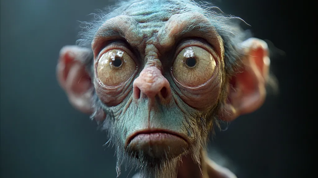 A close-up of a creature's face, resembling a monkey. It has large, expressive eyes, a wrinkled forehead, and a thin, furry beard. The creature's expression is one of concern, with its eyes wide and its lips slightly parted. The image is highly detailed, with realistic textures and lighting, giving it an uncanny and slightly unsettling quality.  The dark background emphasizes the creature's facial features.