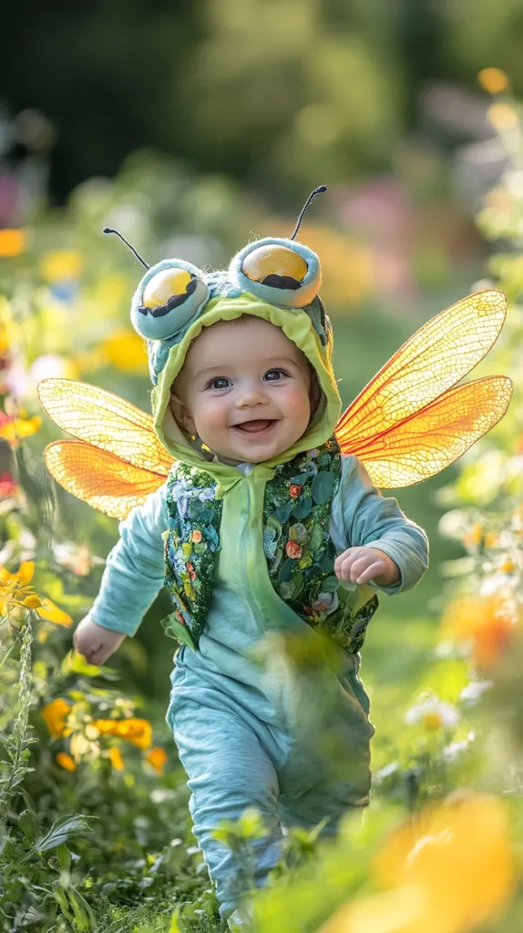 A young child dressed as a dragonfly, with large orange wings, is smiling happily while standing in a field of bright yellow flowers. The child's blue and green costume is detailed with a whimsical design, adding to the enchanting charm of the image. The backdrop of vibrant green foliage and cheerful blooms creates a sense of wonder and joy.