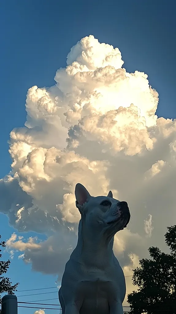 A white French Bulldog stands in the foreground with a large, fluffy white cloud filling most of the background. The dog looks up at the sky with its ears perked and its head tilted, almost as if it is admiring the cloud. The sky is a light blue, and there are smaller clouds scattered throughout the image. The silhouette of trees can be seen in the bottom right corner.