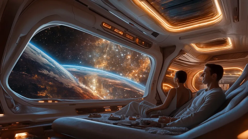 A couple sits in a futuristic spaceship, gazing out of a large window at a stunning view of Earth and the vast starry expanse of space. They are relaxed and enjoying the moment, possibly on a journey through the cosmos. The interior of the spaceship features sleek white walls, glowing orange lights, and comfortable seating.  The overall scene is one of wonder, tranquility, and the boundless possibilities of space travel.
