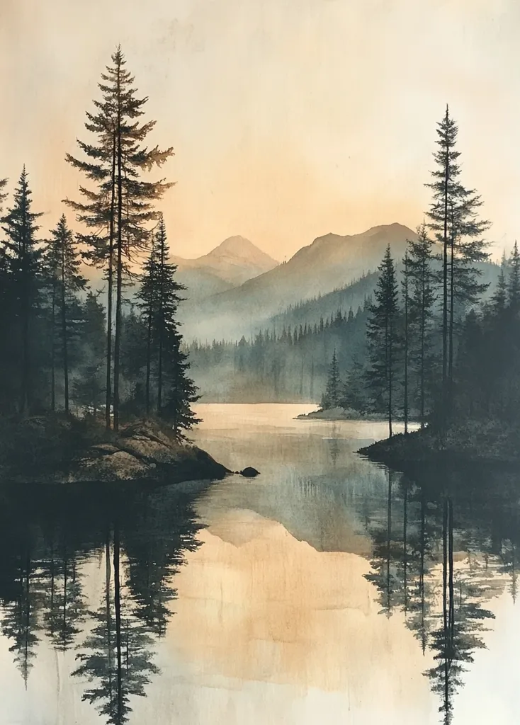 A serene watercolor painting depicts a tranquil lake nestled amidst a dense forest. The water reflects the surrounding mountains, creating a mirrored image of the landscape. Tall pine trees line the shore, their silhouettes casting long shadows across the calm surface. The soft light of dawn or dusk bathes the scene in a warm glow, conveying a sense of peace and tranquility.
