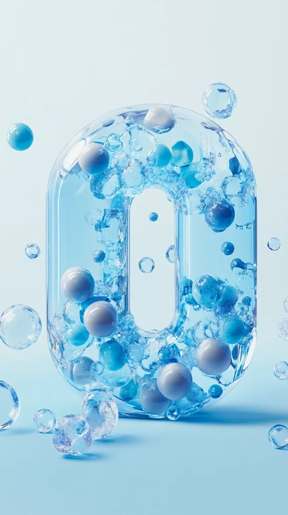 A translucent, bubble-like 'O' is filled with small, blue and white orbs, resembling a whimsical underwater scene. The 'O' sits on a light blue background with other scattered, transparent bubbles of various sizes. The image creates a sense of weightlessness and fluidity, with the orbs appearing to float within the 'O'.