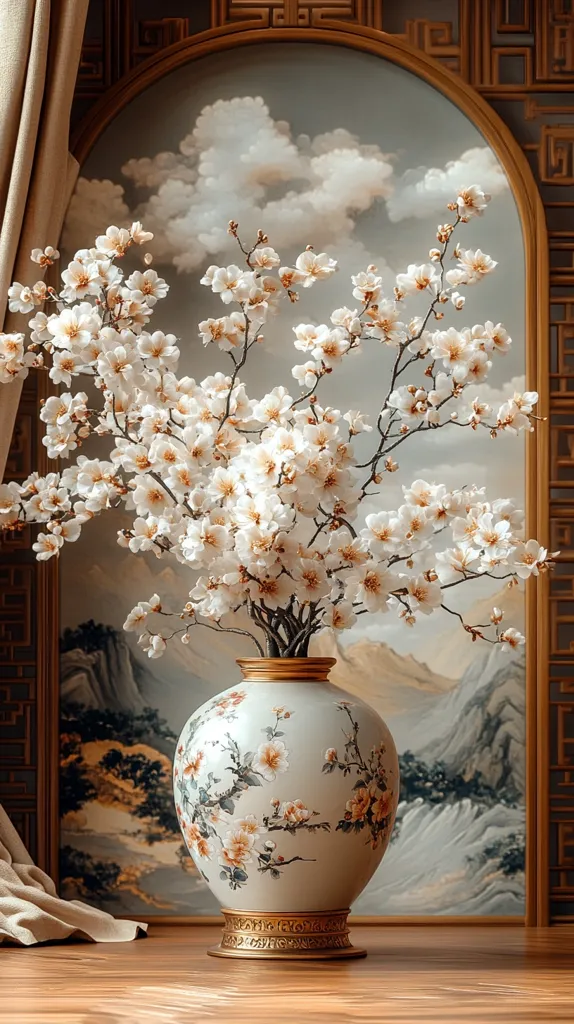 A beautiful bouquet of delicate white blossoms fills a large, ornate vase. The vase is decorated with a floral pattern, and the flowers are set against a backdrop of a hazy, cloudy sky. The scene is framed by a wooden archway, adding a sense of classic elegance to the composition. The overall effect is one of delicate beauty and serene tranquility.