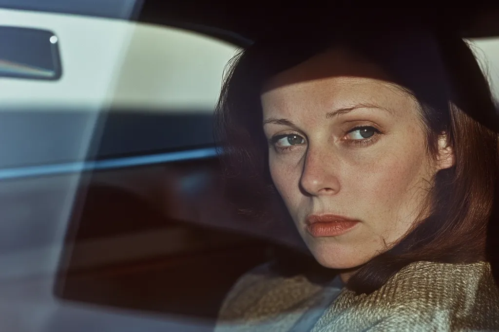 A woman with long dark hair sits in the driver's seat of a car, her face partially obscured by the sun visor. She looks directly at the viewer with a serious expression, her eyes intense and her lips slightly parted. The image is taken from a slightly obscured perspective, as if through a window or rearview mirror. The soft lighting casts a warm glow on her features.