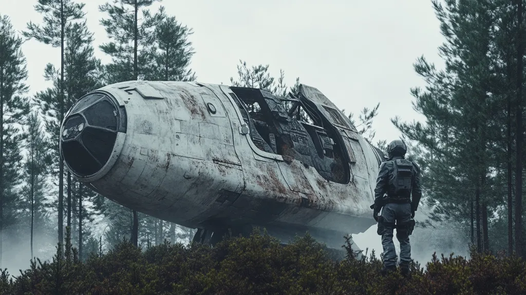 A lone figure in a dark grey uniform stands before the wreckage of a large, white spacecraft. The spacecraft lies on its side, partially submerged in thick, green undergrowth. Trees form a dense forest behind the figure, their branches reaching towards the foggy sky. The image evokes a sense of mystery and abandonment, suggesting a lost civilization or forgotten conflict.