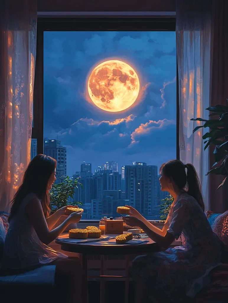 Two women are sitting by a window, enjoying mooncakes and looking out at the full moon hanging in the evening sky. The city skyline is visible in the distance, illuminated by the moon's glow. The warm light from the table casts soft shadows on the women's faces, creating a cozy and intimate atmosphere.
