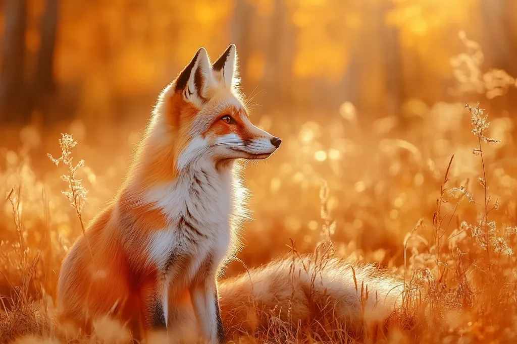 A red fox sits in a field of tall grass, bathed in the warm glow of the setting sun. Its fur is a brilliant orange and white, and its eyes are bright and alert. The fox's tail is curled around its legs, and its ears are perked up, as if listening for something. The golden light of the sunset casts long shadows across the field, creating a sense of peace and tranquility.
