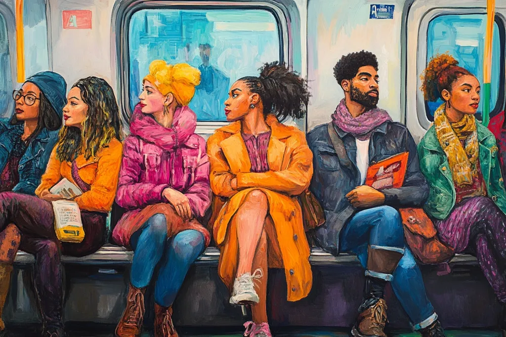 A painting depicts six people sitting on a train, each with their own style and demeanor. The women are wearing bright colors and are looking out the windows, while the men seem more reserved. The artist has captured the diverse personalities of the passengers, creating a sense of realism and urban life.  The vibrant colors and brushstrokes give the painting a dynamic and expressive quality.  The use of light and shadow adds depth and dimension to the painting, highlighting the details of the characters and their surroundings.