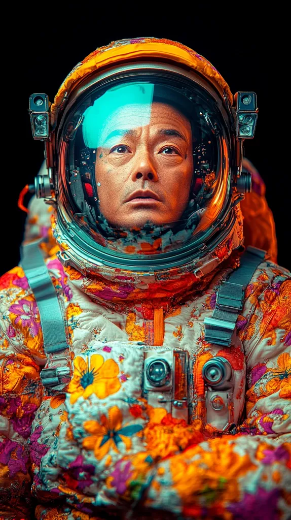 The image shows an astronaut wearing a colorful, floral patterned spacesuit. The astronaut's face is visible through the helmet, with a serious expression and a hint of worry in their eyes. The suit is a vibrant mix of oranges, yellows, and pinks, creating a striking contrast against the dark background. The astronaut is holding their hands in front of them, as if preparing for a task. The image is a striking blend of futuristic technology and traditional artistry.