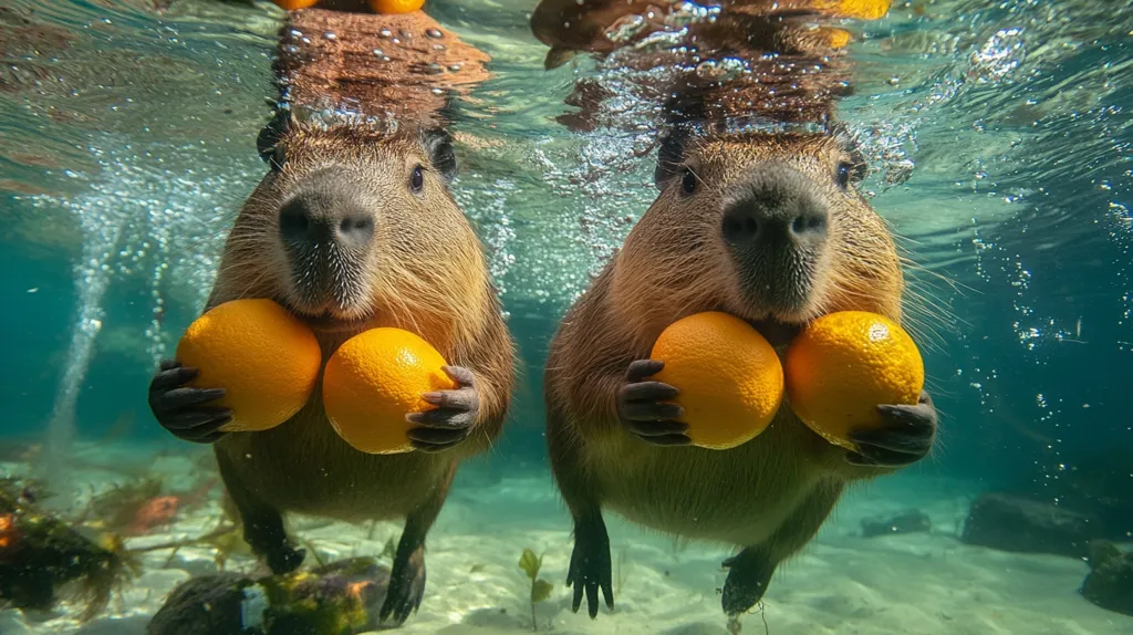 Two capybaras are swimming underwater, each holding two oranges in their paws. They are looking directly at the camera, with their mouths slightly open. The water is clear and blue, with bubbles rising from the surface. The bottom of the pool is sandy and rocky, with some green plants visible.  The capybaras appear to be enjoying their fruity treat.