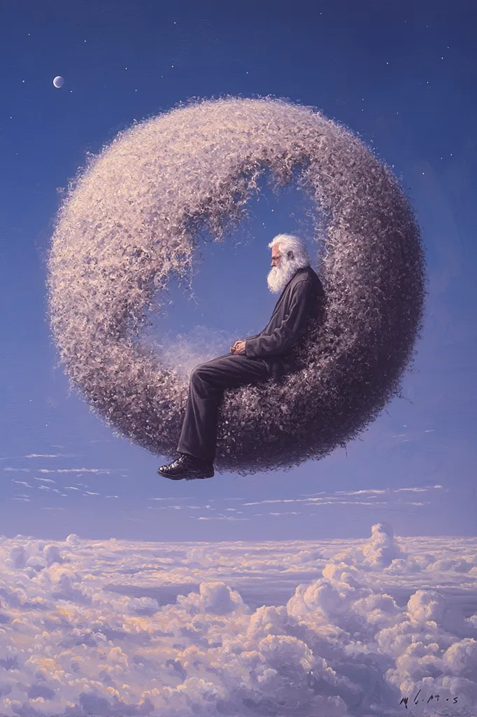 An elderly man with a long white beard sits on a crescent-shaped cloud, staring down at a vast expanse of fluffy white clouds below. The cloud is shaped like a flower or a giant dandelion seed head. The sky is light blue with a faint scattering of stars and a small crescent moon in the upper left corner. The scene evokes a sense of solitude and contemplation.