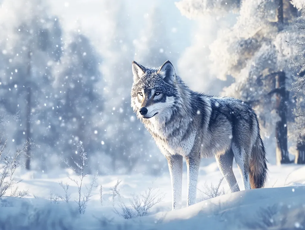 A lone wolf stands in a snowy forest, its fur blending with the white landscape. Snow falls softly, creating a peaceful ambiance. The wolf's piercing gaze suggests a sense of wildness and solitude, a powerful creature navigating the harsh winter. The background trees are frosted and blurred, adding to the dreamlike quality of the scene.  The image evokes a sense of winter magic and the beauty of nature's untamed power.