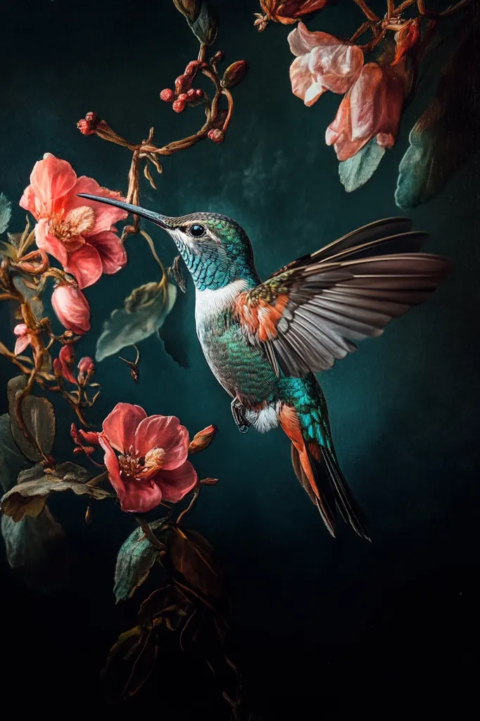 A vibrant hummingbird with iridescent green and blue feathers hovers near a delicate pink flower. Its long, slender beak is extended towards the blossom, perhaps sipping nectar. The background is a dark, rich teal, creating a stark contrast with the hummingbird's bright colors and the delicate pink of the flower. The image captures a moment of tranquility in nature, showcasing the beauty and detail of both the bird and the flower.