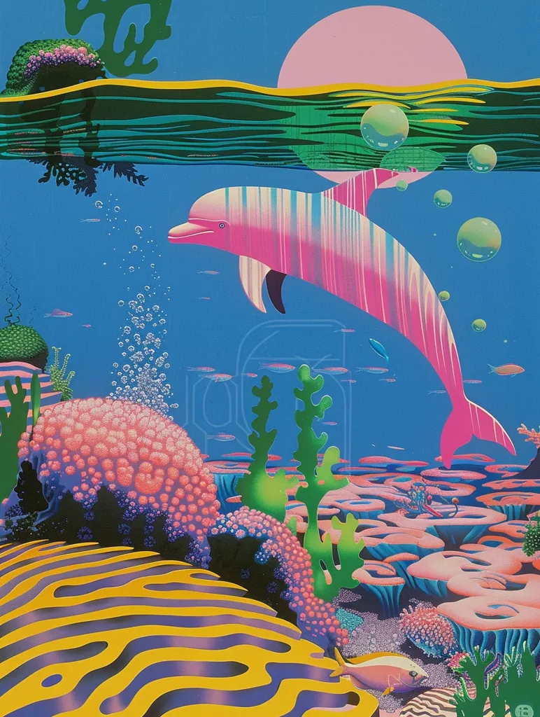 A pink and white striped dolphin leaps out of the water, its tail curved gracefully in the air. The underwater scene is vibrant with a bright blue background, coral reefs in shades of pink and yellow, and green seaweed. Air bubbles rise from the depths and a large, pink sun peeks through the surface of the water. The scene is playful and full of life.