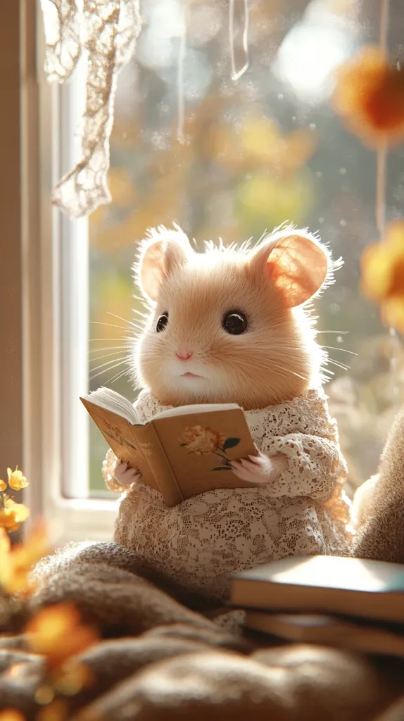 A small, furry creature, possibly a hamster or a guinea pig, sits on a cozy blanket by a window. It is wearing a white lace dress and is engrossed in reading a book. The creature's big, curious eyes and sweet expression create a sense of innocent charm. The image evokes feelings of warmth, comfort, and quiet contemplation.