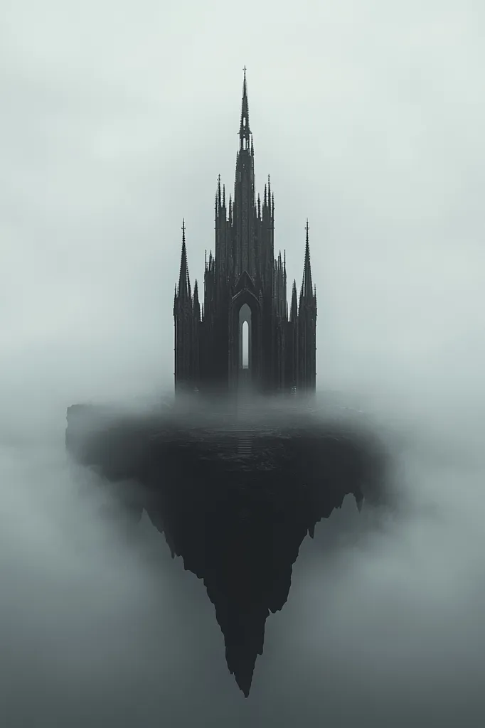 A tall, gothic cathedral, with pointed spires and intricate details, sits on a floating island shrouded in mist. The silhouette of the church stands out against the hazy backdrop, creating an eerie and mysterious atmosphere. The image is rendered in shades of gray, emphasizing the somber and ethereal quality.