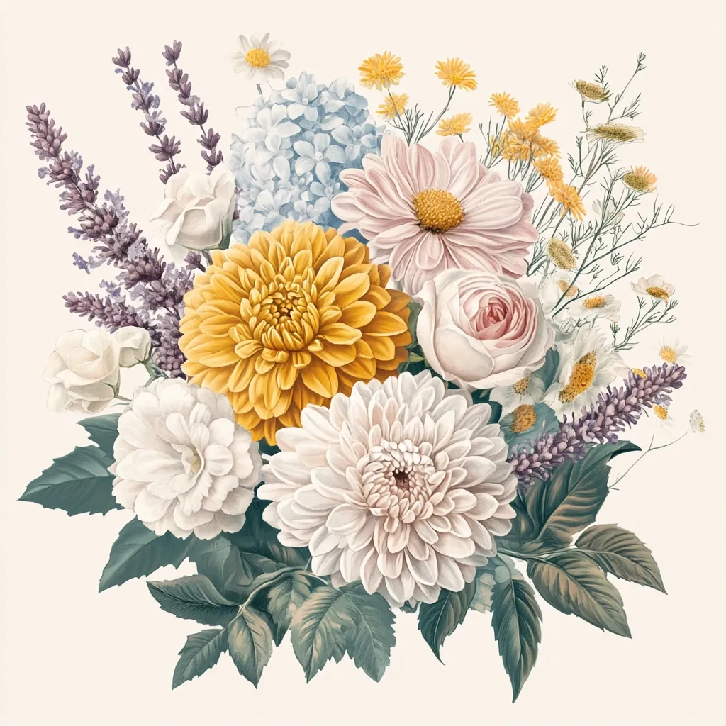 A vibrant floral bouquet bursts with color and texture. A large, golden-yellow chrysanthemum takes center stage, flanked by delicate white daisies and a blush-pink rose. Sprays of lavender and small white blooms add airy texture to the composition. The lush green foliage provides a grounding base for the stunning display of blooms.