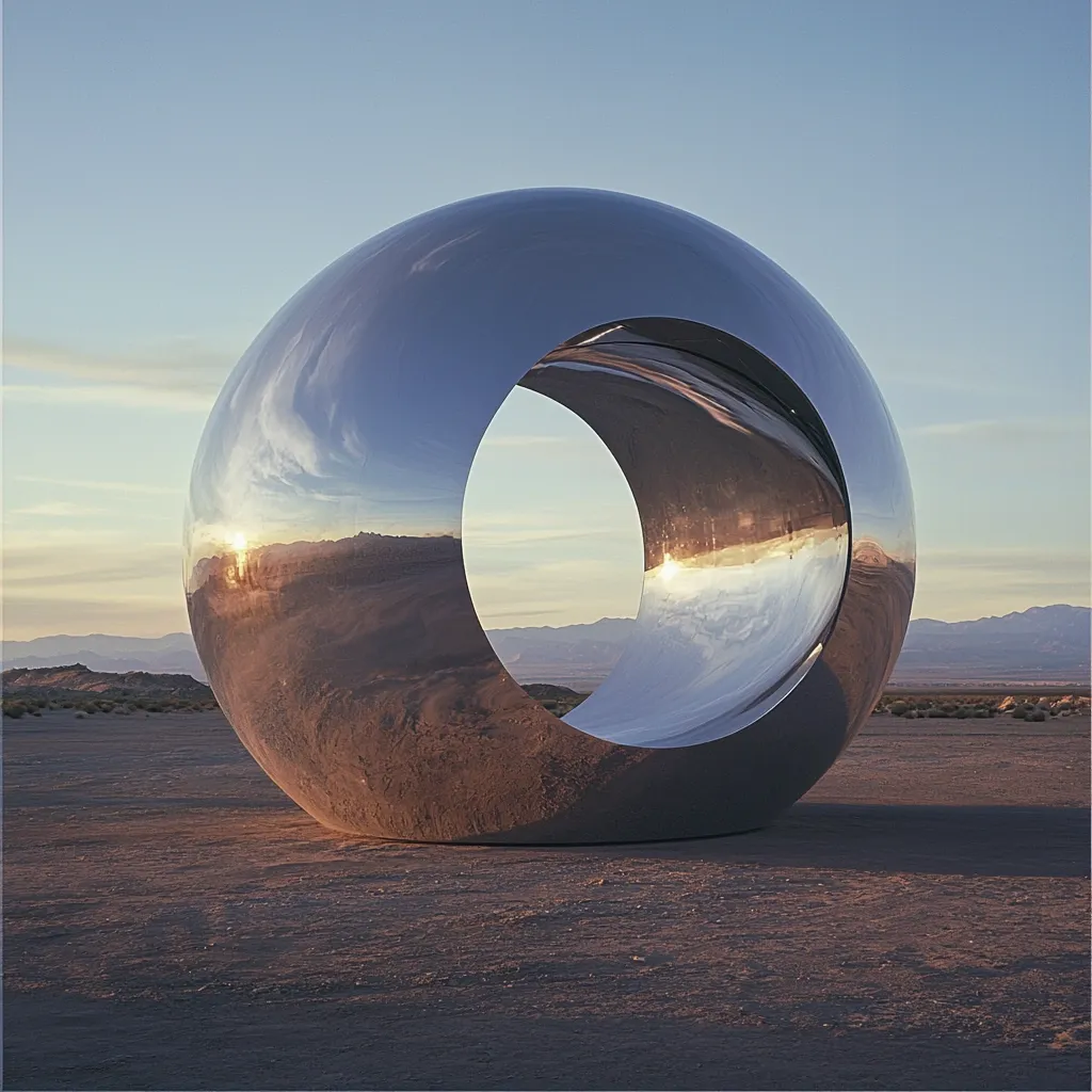 A large, shiny, silver sphere sits in a desert landscape, reflecting the golden light of the setting sun. The sphere has a large, circular opening through its center, which acts as a frame for the distant mountains and sky beyond. The smooth, curved surface of the sphere reflects the surrounding environment, creating a surreal and abstract scene.