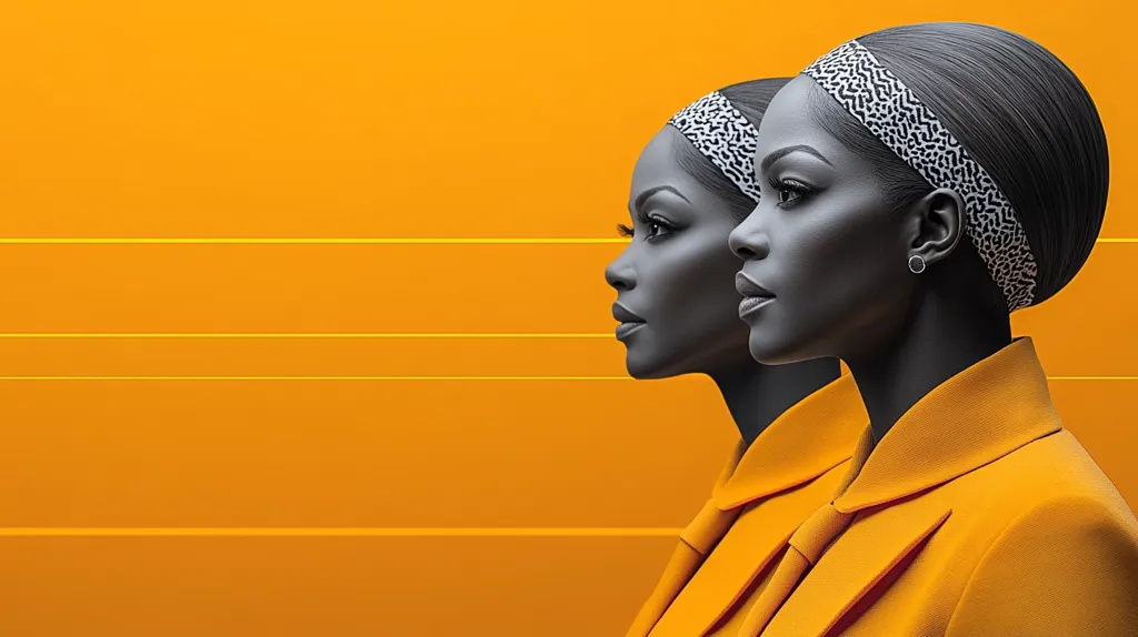 Two women with dark skin and black hair stand side by side in front of a bright orange background with yellow horizontal lines. Both women are wearing bright yellow jackets and have a black and white patterned headband on their heads.  The women are looking to the side, and their faces are in profile. They are both wearing a small silver stud earring.  The image is a minimalist portrait of two women.