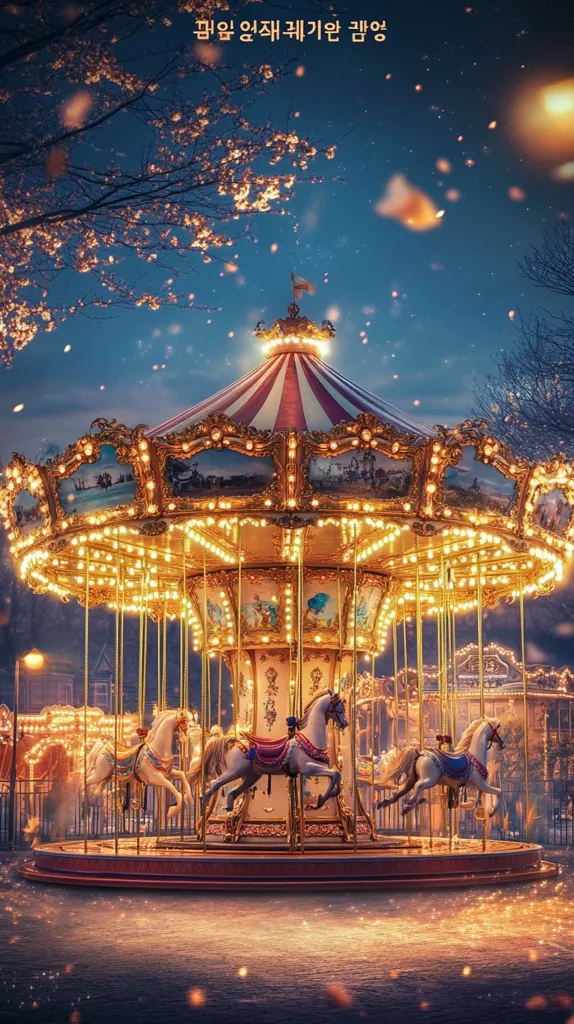 A glowing carousel with golden horses stands under a night sky dusted with falling stars. The carousel is adorned with twinkling lights and has a striped red and white canopy. The scene is magical and enchanting, capturing the spirit of a winter wonderland.