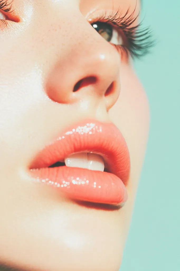 A close-up shot of a woman's face, focusing on her lips. The lips are full and glossy, with a light pink color. Her eyes are partially visible, with long eyelashes and a hint of green eyeshadow. The skin is smooth and flawless, with a natural glow. The background is a soft, aqua blue, creating a serene and elegant atmosphere.