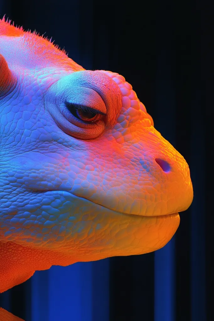 A close-up shot of a reptilian creature's face, illuminated with vibrant blue and orange light. The intricate scales and textures are highlighted, creating a captivating visual. The creature's eye is partially closed, adding a touch of mystery to the image. The dark background emphasizes the colorful subject, making it the focal point.