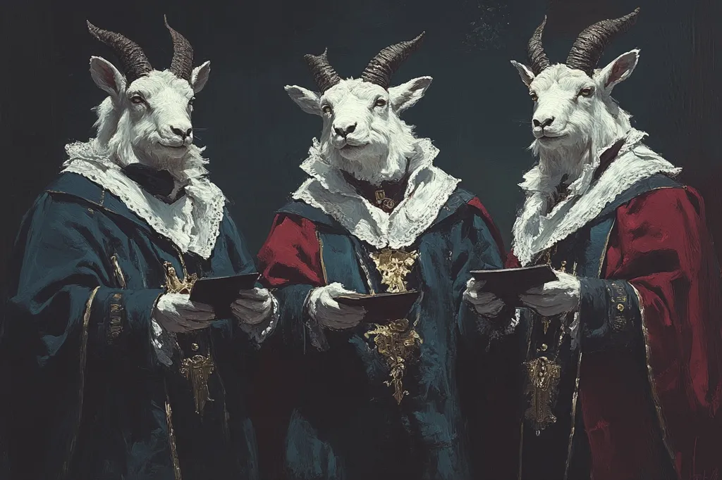 Three white goats with long, black horns are dressed in elaborate robes and holding books. They stand in a row against a dark background, their faces serious and their expressions solemn. The image is reminiscent of a religious scene, with the goats appearing as figures of authority or power. The painting is painted with a stylized brushstroke, creating a sense of both beauty and unease.