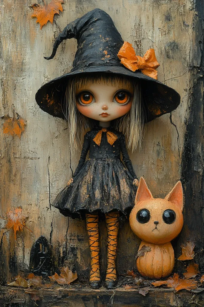 A doll dressed as a witch, with a black dress, orange stockings, and a black witch's hat with a large orange bow, stands on a wooden surface. She is holding a small orange cat in her hands. The background is rustic and textured, with fallen leaves scattered around.  The doll's face is painted with large eyes and a sad expression. The image has a whimsical and slightly eerie feel.