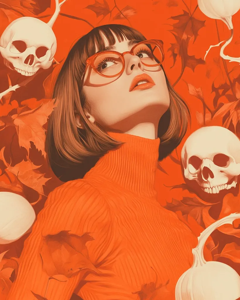 The image features a woman with short brown hair wearing orange-rimmed glasses and an orange turtleneck sweater. She has a bright red lipstick and is looking up with a slight smile. The background is an orange and red gradient with leaves and skulls. The overall tone of the image is mysterious and slightly spooky.