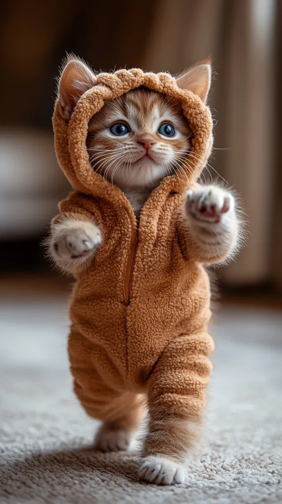 A fluffy, orange tabby kitten is wearing a brown hooded onesie. It is standing on a carpeted floor with its paws raised, looking towards the camera. The kitten has bright blue eyes and a cute, innocent expression. The overall image is one of warmth and cuteness.