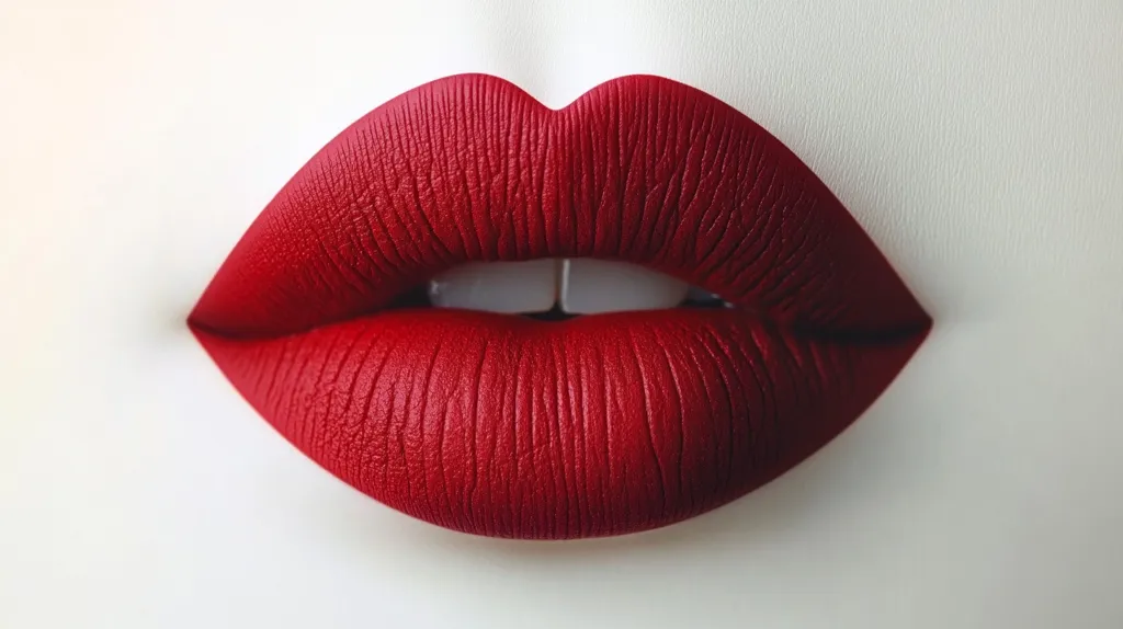 A close-up shot of a person's mouth, showcasing their lips. The lips are painted with a bold, red lipstick, creating a striking contrast against the soft, white background. The texture of the lipstick is visible, giving it a slightly textured appearance. The image focuses solely on the lips, highlighting their shape and color.