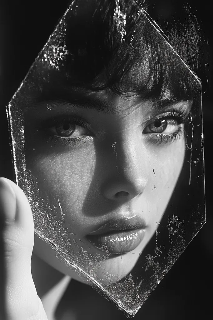 A woman's face is partially obscured by a piece of broken glass. The image is in black and white, and the light casts shadows on the woman's face. Her expression is intense and her eyes are filled with emotion. The broken glass creates a sense of fragility and vulnerability. The image is a powerful statement about the human condition.