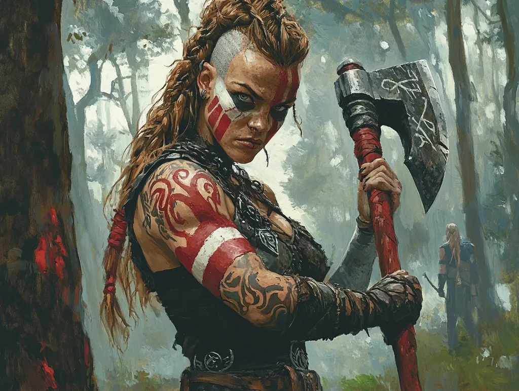 A fierce warrior woman with braided red hair and intricate tattoos stands in a misty forest, holding a large axe with a red handle. She wears leather armor and has a determined expression. A blurry figure of another warrior stands in the background, suggesting a confrontation or an impending battle. The image evokes a sense of strength, courage, and danger.