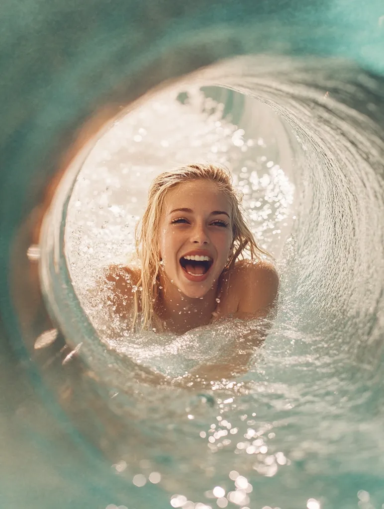 A young woman with blonde hair is seen from the inside of a water slide. Her face is full of joy as she emerges from the water. The image captures the excitement and fun of a water park experience. The water creates a blurry and dreamy effect, highlighting the carefree nature of the moment.