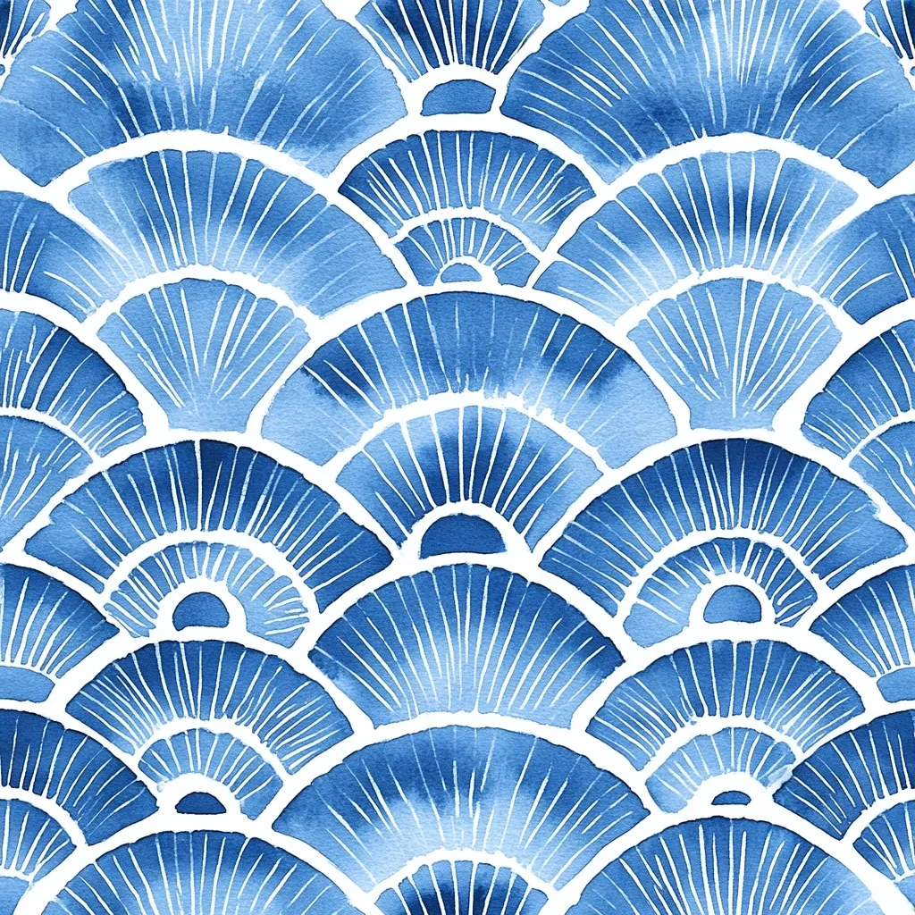 The image is a seamless pattern of blue, overlapping, fan-shaped designs.  The design resembles scales, creating an elegant, textured, and somewhat abstract background.  The blue hues are faded and soft, giving the image a dreamy quality.  The pattern is repetitive and continuous.