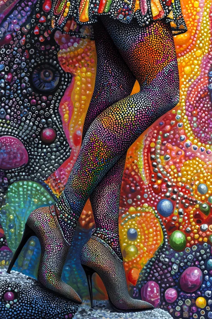 The image shows a pair of legs adorned with iridescent, sparkling, and textured tights. The legs are posed with the left leg bent at the knee and the right leg straight. The legs are wearing high-heeled shoes with pointed toes, also covered in shimmering sequins. The background features a mesmerizing pattern of colorful dots and swirls. The overall aesthetic is bold, vibrant, and playful.