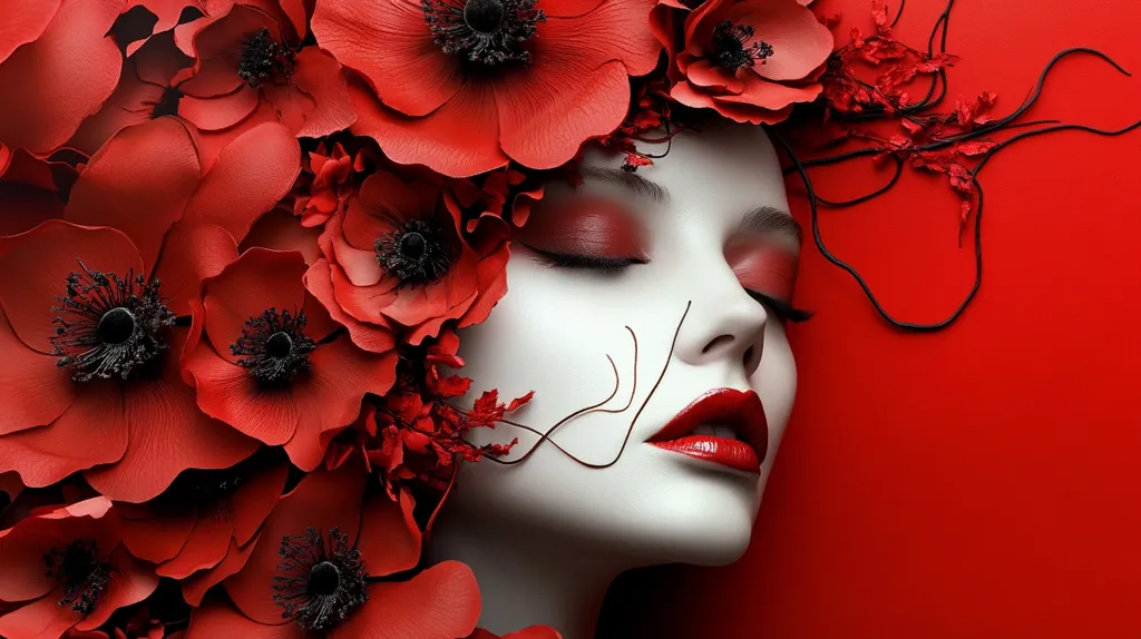 The image features a woman with her eyes closed, adorned with a crown of red poppies. Her face is pale and she has a dramatic red lipstick. The background is a vibrant red, creating a striking contrast with the woman's skin. The image is suggestive of beauty, passion, and possibly even danger.  A black vine flows out from the poppies, adding an element of mystery. The overall effect is a captivating and alluring portrait.