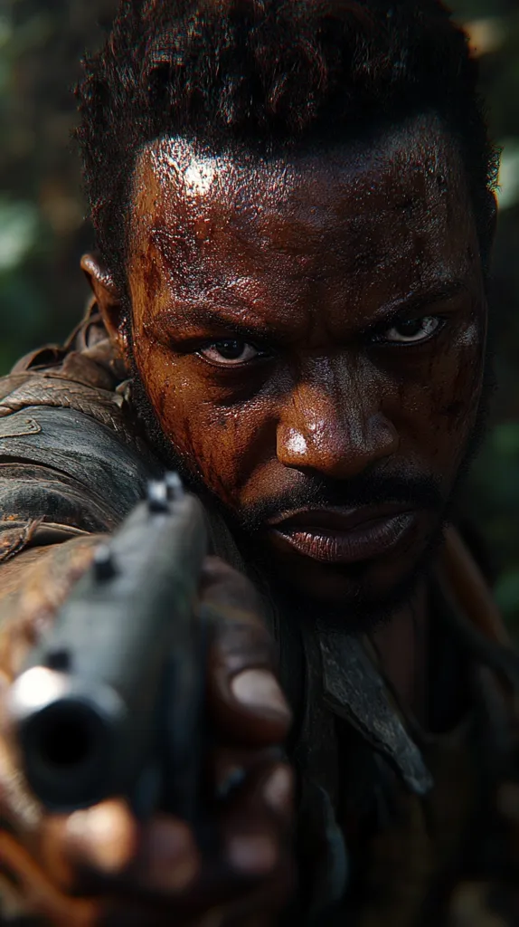 A close-up shot of a man with a dark complexion, his face covered in dirt and sweat. He is holding a gun, his eyes focused intently on something out of frame. The image evokes a sense of danger and tension, as the man appears ready for a confrontation. The dark background and the man's intense gaze create a sense of mystery and intrigue.