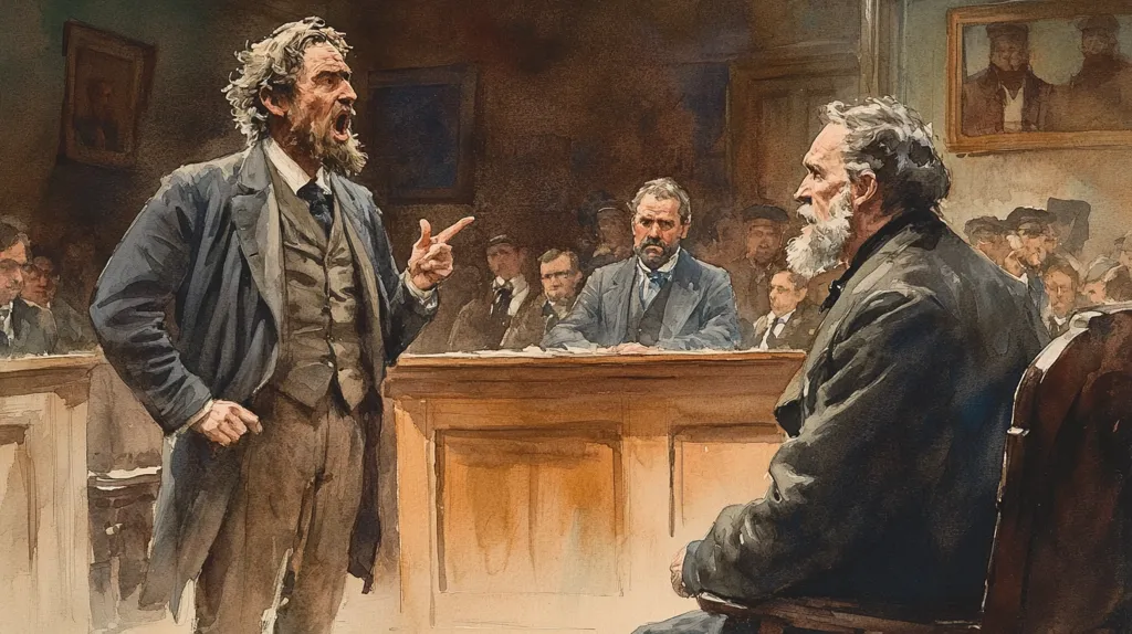 A courtroom scene with a man in a suit standing and addressing the court, while an older man with a long white beard sits in the front row. Other men in suits are sitting around a long wooden table, listening intently. The scene is painted with a mixture of realism and impressionism, giving it a dramatic feel. The artist has captured the tension and suspense of a courtroom hearing.