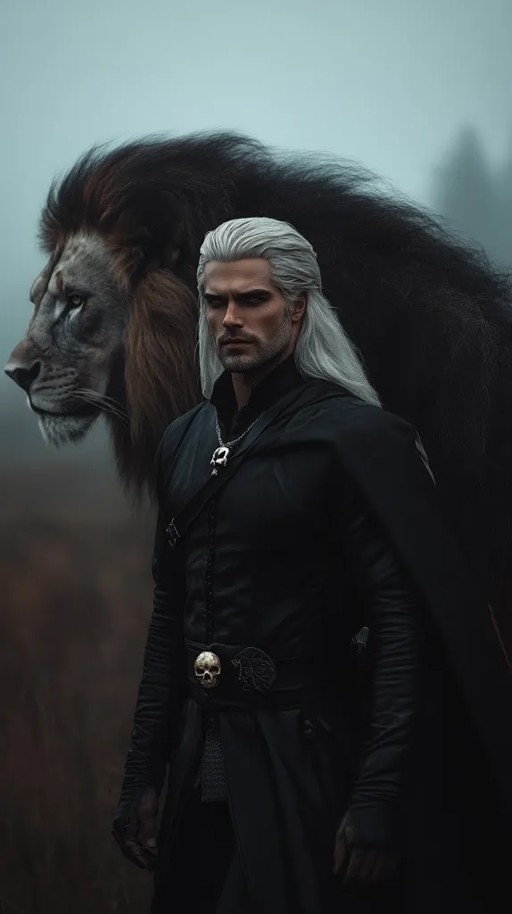 A man with long white hair and a dark beard, wearing a black leather jacket and a chain with a skull pendant, stands in front of a large black lion. The man has a serious expression on his face. The background is a blurry forest with a foggy atmosphere. The image has a dark and mysterious tone.