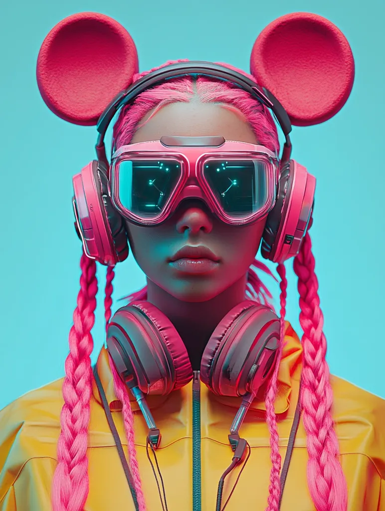 A young woman with pink braids and a yellow jacket wears pink headphones with large, bright pink Mickey Mouse ears. She has futuristic, neon-blue goggles and a serious expression. The image is lit with vibrant colors and has a futuristic feel.
