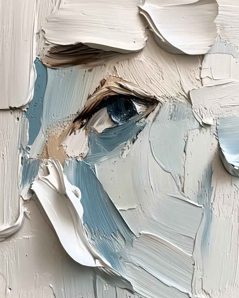 The image is a close-up of a painting of a person's face, showing only the eye, and part of the cheek and nose. It is an abstract painting, with thick, visible brush strokes. The eye is rendered in blue and brown, with thick white paint used for the rest of the face. The painting is reminiscent of impressionism, but with a more modern style.  The texture of the paint is important to the piece.