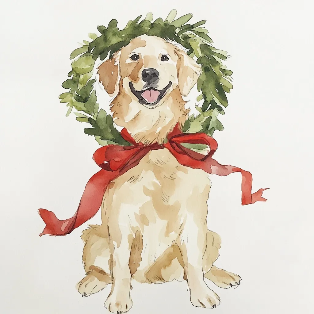 The watercolor painting depicts a golden retriever wearing a Christmas wreath and a red bow around its neck. The dog is sitting with its head tilted up, looking up and smiling. The background is white, creating a simple and elegant composition. The painting is characterized by a soft and gentle brushstroke, conveying a sense of warmth and joy.