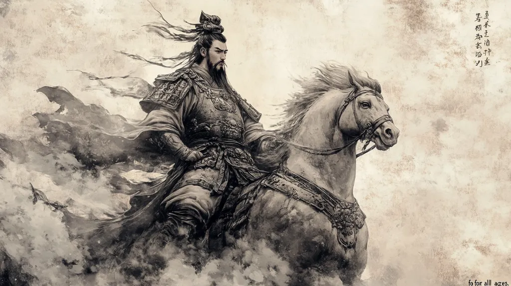 The image is a black and white drawing of a warrior on horseback. The warrior is wearing traditional armor and has a long beard. The horse is white and has a long flowing mane. The drawing is set against a background of clouds and smoke. The image is reminiscent of a Chinese warrior from a historical novel.  There are Japanese characters in the corner of the image. The image is done in a painterly style, with bold strokes and washes of grey. The overall effect is one of power and movement.