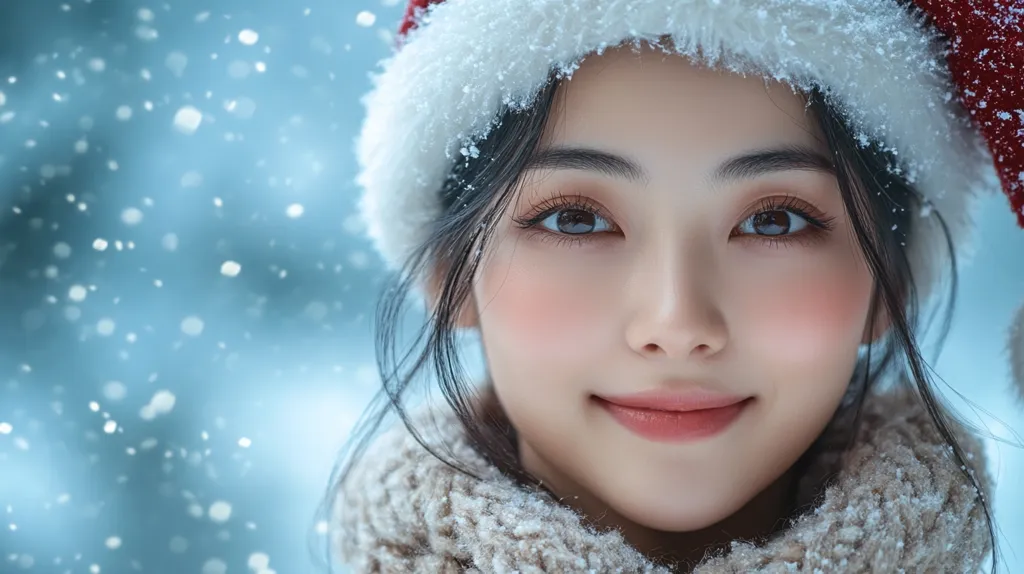 A young woman with long black hair, wearing a white knitted hat and scarf, looks at the camera with a warm smile. She has rosy cheeks and a gentle expression, while snowflakes fall softly around her. The image has a soft, ethereal quality, evoking a sense of winter peace and beauty.