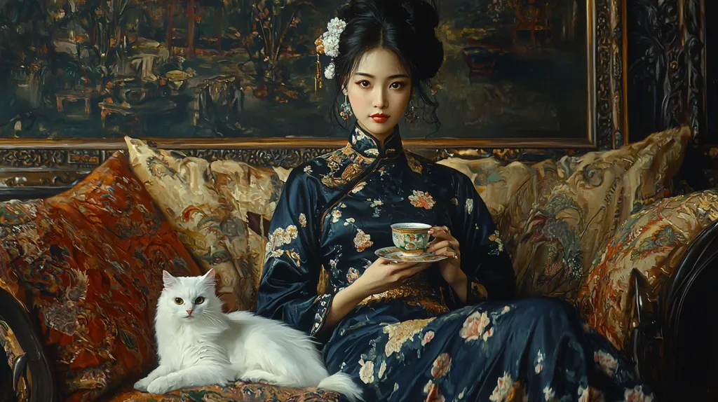 A woman in a traditional Chinese dress sits on a plush couch, holding a teacup. Her hair is pulled back, and she has a delicate flower behind her ear.  She is looking off to the side, with a pensive expression. A white cat sits next to her, adding a touch of whimsy to the elegant scene. The couch is adorned with ornate pillows, and the background features a painting with intricate details. The overall mood is one of tranquility and sophistication.