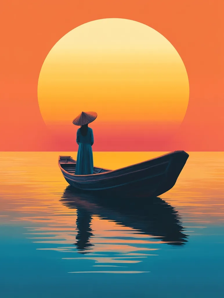 A lone woman in a conical hat sits in a small wooden boat, facing a large, orange sun setting over calm blue water. The image is stylized and minimalist, with a focus on the silhouette of the woman and the boat against the vivid colors of the sunset. The scene evokes a sense of tranquility and solitude.