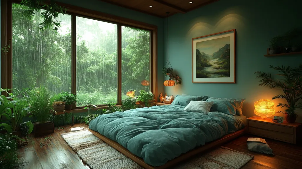 A cozy bedroom with a large window overlooking a rainy forest. The room is decorated in a calming green color scheme, with lush plants and warm lighting. A comfortable bed is made with a plush blue duvet and pillows, inviting relaxation and a peaceful ambiance. The scene evokes a sense of serenity and connection with nature.